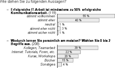 Ergebnisse einer online-Umfrage in Organisationen im Rahmen der Erfassung von Anforderungen an Wirtschaftsinformatiker. (n = 119, Diplomarbeit "getProfile"; Karasek und Zelger, 2003)